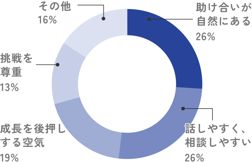助け合いが自然にある 26%、話しやすく、相談しやすい 26%、成長を後押しする空気 19%、挑戦を尊重 13%、その他 16%。